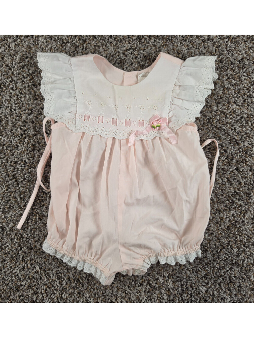Vintage Baby Girls Sz 12M pink-and-white ruffled baby bubble romper Cottagecore